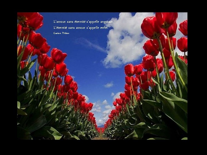 L'amour sans éternité s'appelle angoisse. L’éternité sans amour s'appelle enfer. Gustave Thibon 