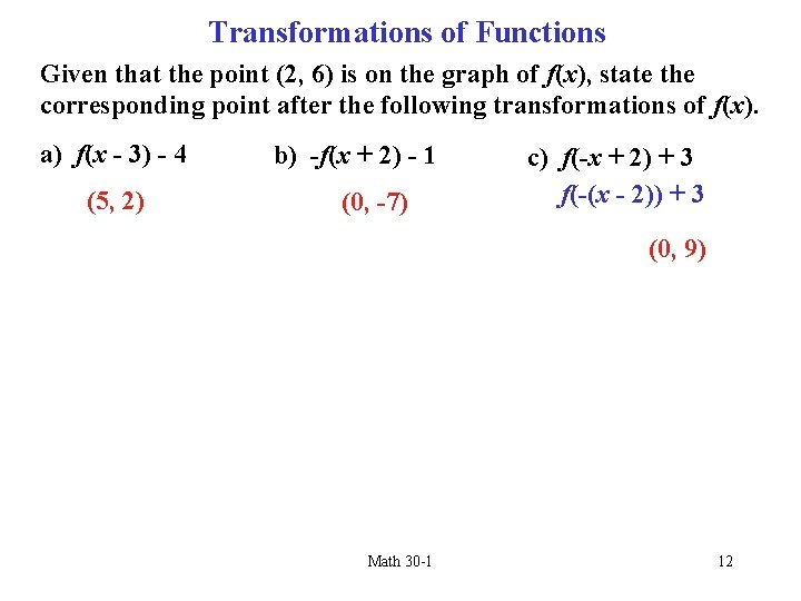 Transformations of Functions Given that the point (2, 6) is on the graph of