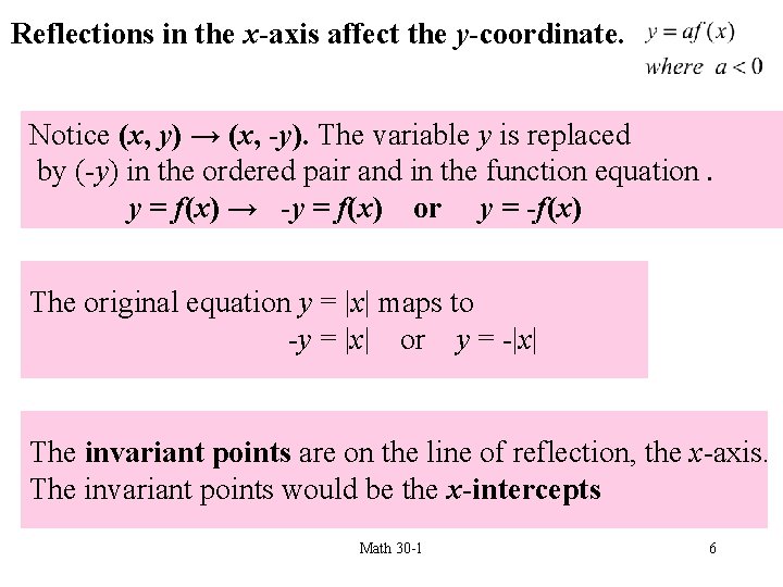 Reflections in the x-axis affect the y-coordinate. Notice (x, y) → (x, -y). The