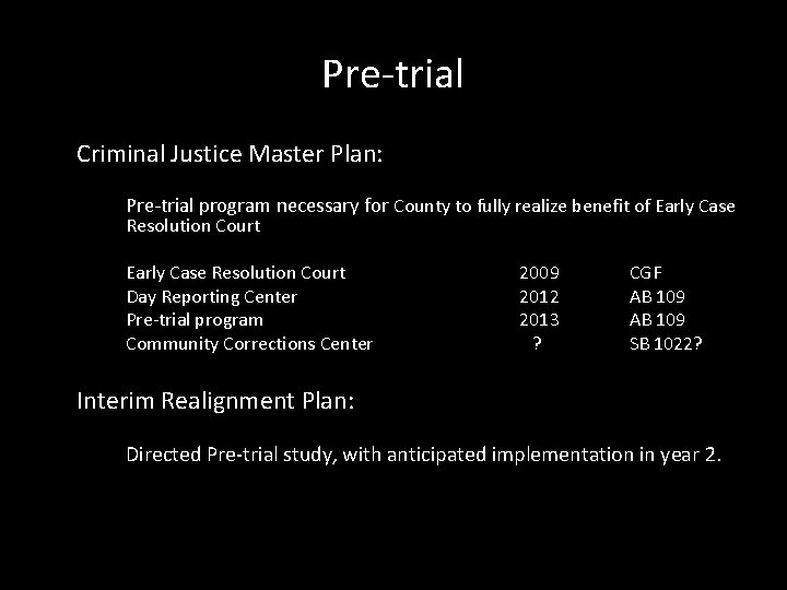 Pre-trial Criminal Justice Master Plan: Pre-trial program necessary for County to fully realize benefit