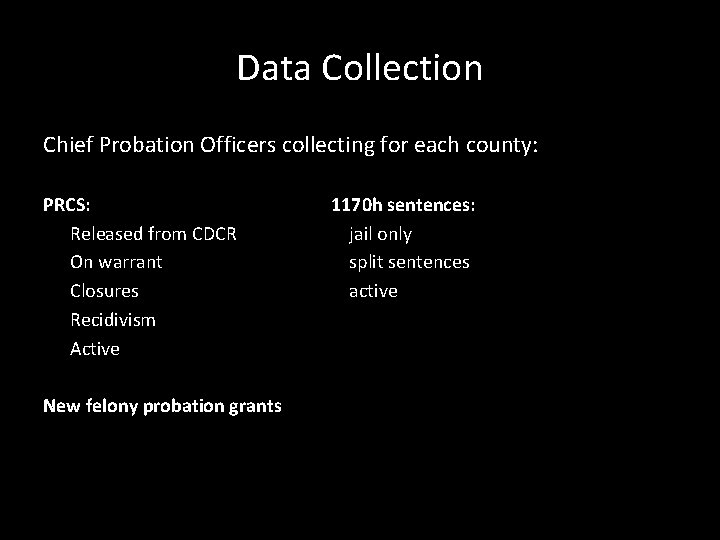 Data Collection Chief Probation Officers collecting for each county: PRCS: Released from CDCR On