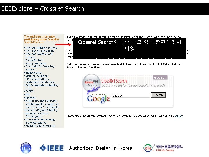 IEEExplore – Crossref Search에 참가하고 있는 출판사명이 나열 35개 출판사에서 요청한 키워드 검색 Authorized