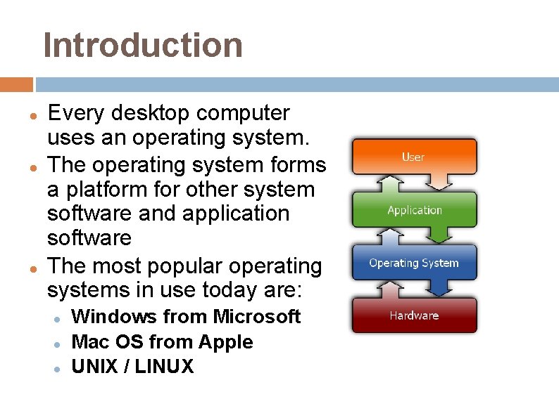 Introduction Every desktop computer uses an operating system. The operating system forms a platform