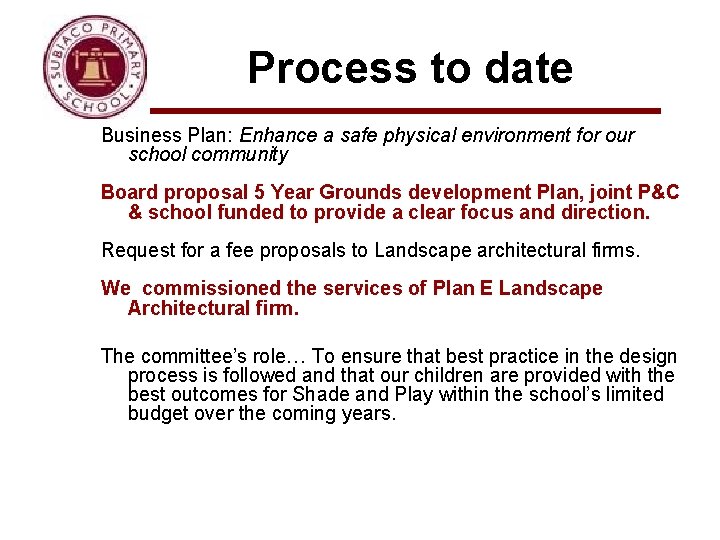 Process to date Business Plan: Enhance a safe physical environment for our school community