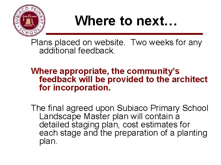 Where to next… Plans placed on website. Two weeks for any additional feedback. Where