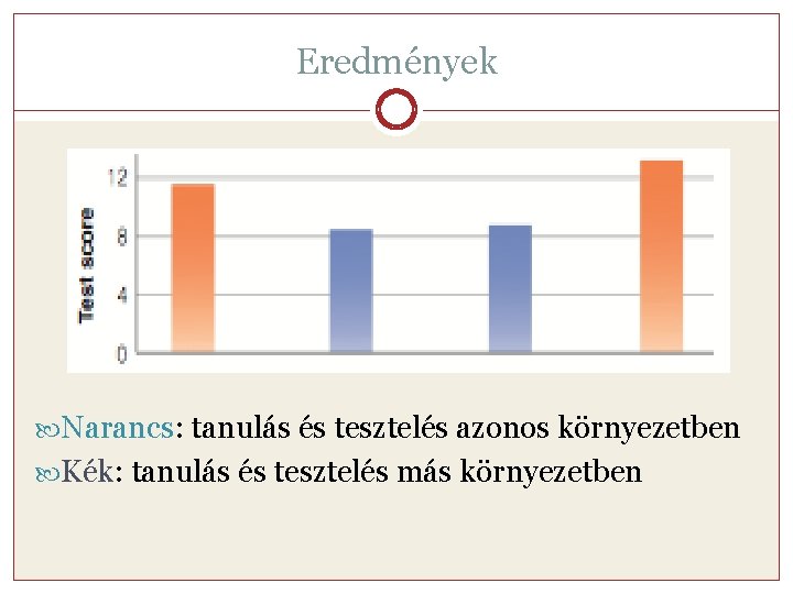 Eredmények Narancs: tanulás és tesztelés azonos környezetben Kék: tanulás és tesztelés más környezetben 