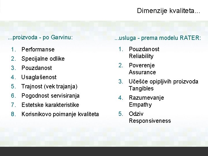 Dimenzije kvaliteta. . . proizvoda - po Garvinu: 1. Performanse 2. Specijalne odlike 3.