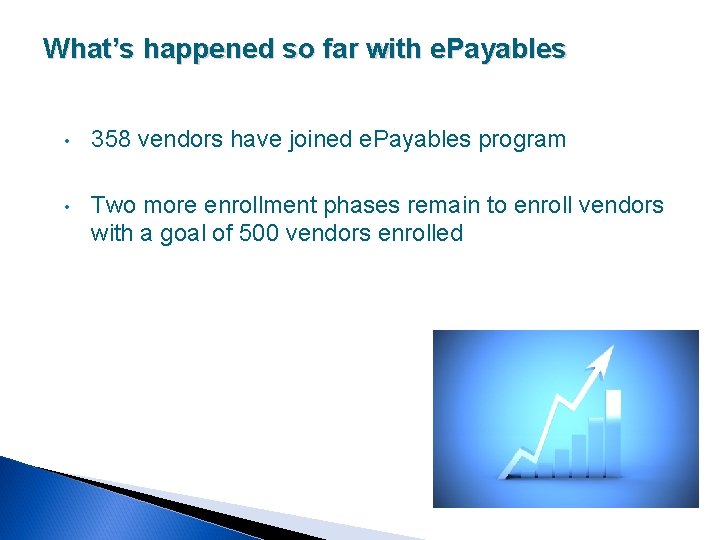 What’s happened so far with e. Payables • 358 vendors have joined e. Payables