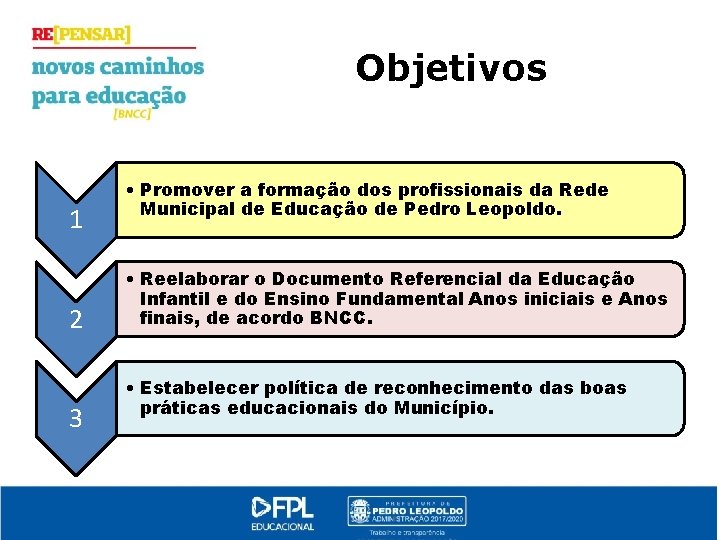 Objetivos 1 2 3 • Promover a formação dos profissionais da Rede Municipal de