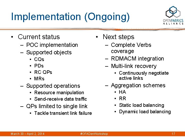 Implementation (Ongoing) • Current status • Next steps – POC implementation – Supported objects