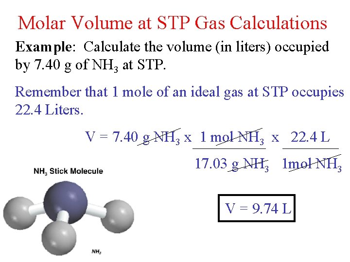 Molar Volume at STP Gas Calculations Example: Calculate the volume (in liters) occupied by