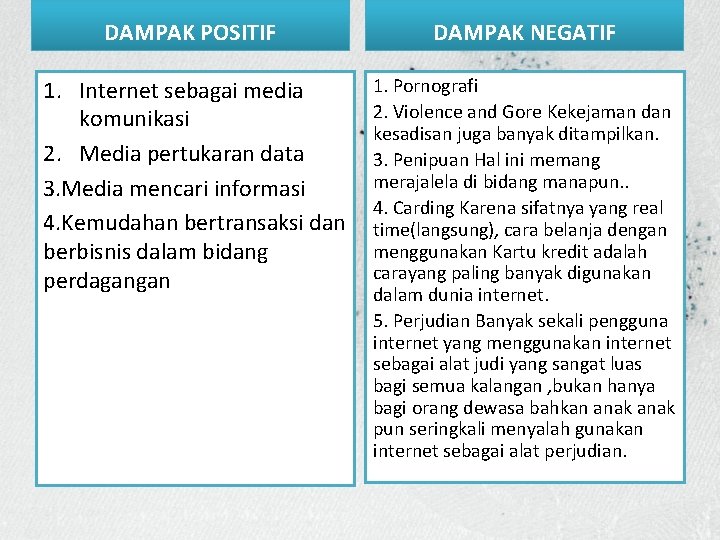 DAMPAK POSITIF 1. Internet sebagai media komunikasi 2. Media pertukaran data 3. Media mencari