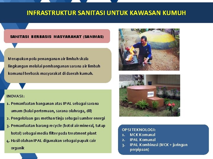 INFRASTRUKTUR SANITASI UNTUK KAWASAN KUMUH SANITASI BERBASIS MASYARAKAT (SANIMAS) Merupakan pola penanganan air limbah