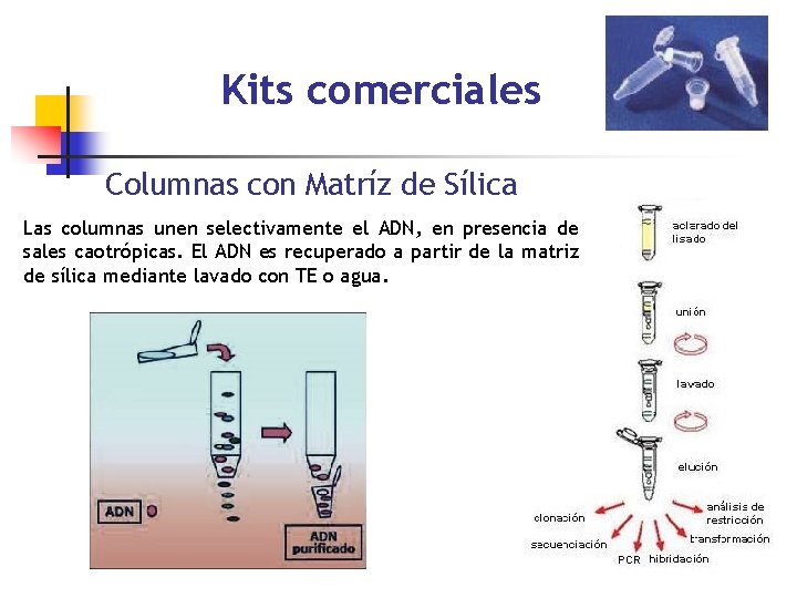 Kits comerciales Columnas con Matríz de Sílica Las columnas unen selectivamente el ADN, en