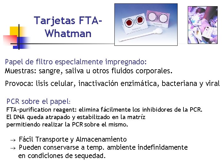 Tarjetas FTAWhatman Papel de filtro especialmente impregnado: Muestras: sangre, saliva u otros fluidos corporales.