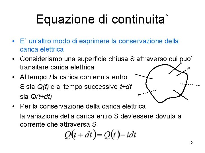 Equazione di continuita` • E` un’altro modo di esprimere la conservazione della carica elettrica