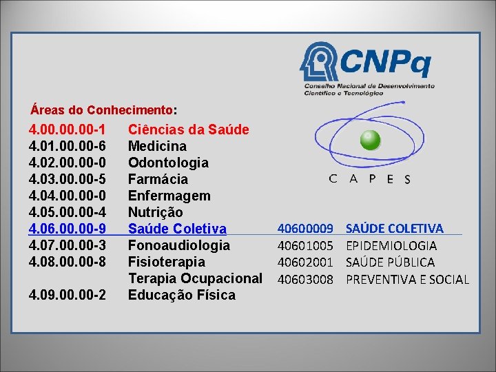 Áreas do Conhecimento: 4. 00. 00 -1 4. 01. 00 -6 4. 02. 00