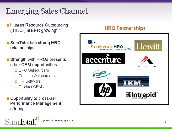 Emerging Sales Channel < Human Resource Outsourcing (“HRO”) market growing(1) HRO Partnerships < Sum.