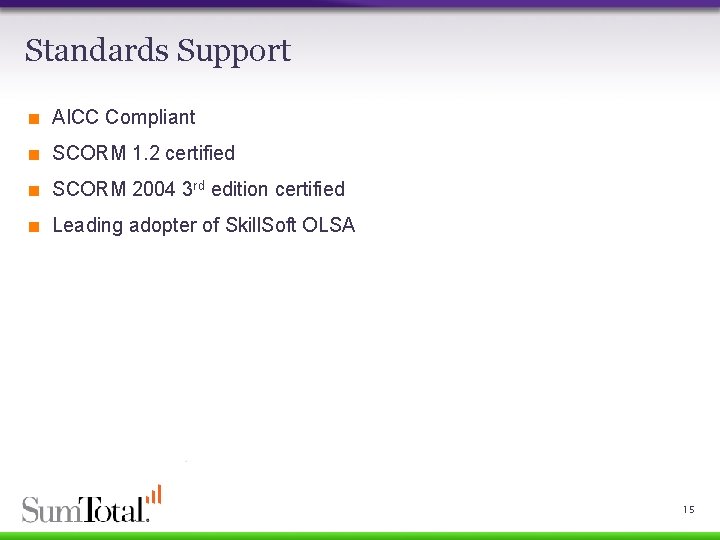 Standards Support < AICC Compliant < SCORM 1. 2 certified < SCORM 2004 3