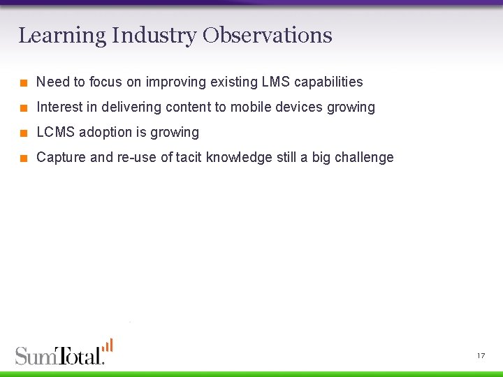 Learning Industry Observations < Need to focus on improving existing LMS capabilities < Interest