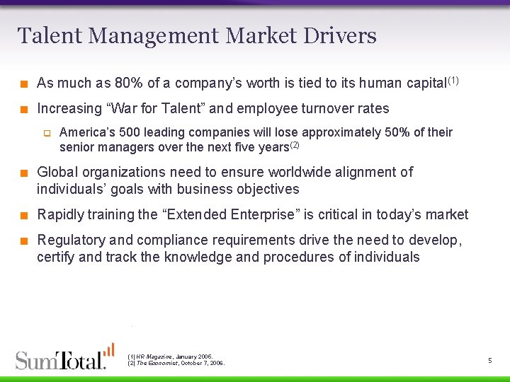 Talent Management Market Drivers < As much as 80% of a company’s worth is