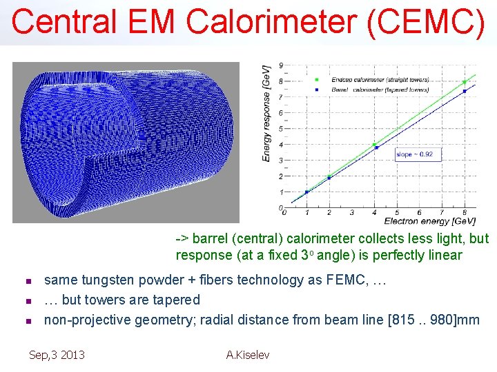 Central EM Calorimeter (CEMC) -> barrel (central) calorimeter collects less light, but response (at