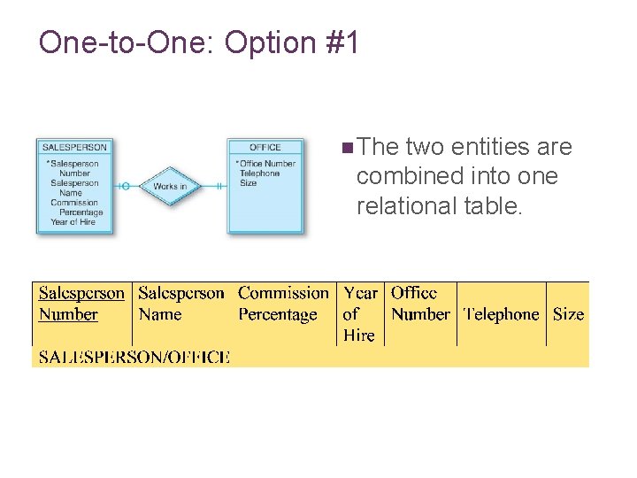 One-to-One: Option #1 n The two entities are combined into one relational table. 7