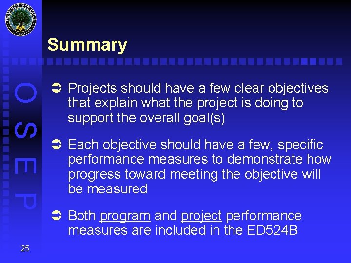 Summary O S E P 25 Ü Projects should have a few clear objectives