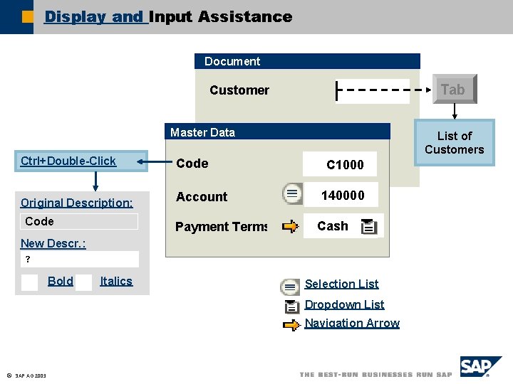 Display and Input Assistance Document Tab Customer Master Data Ctrl+Double-Click Code Original Description: Account
