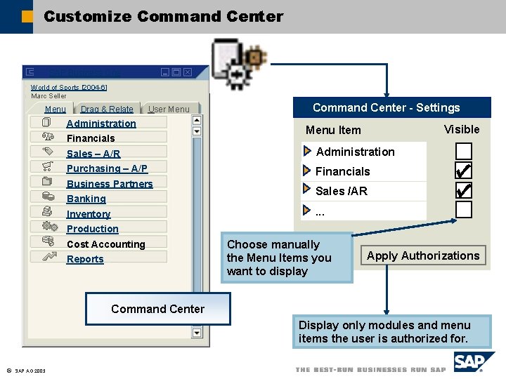 Customize Command Center SAP Business One World of Sports [2004 -6] Marc Seller Menu