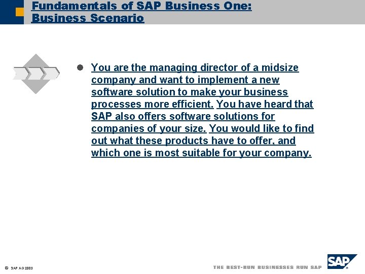 Fundamentals of SAP Business One: Business Scenario l You are the managing director of