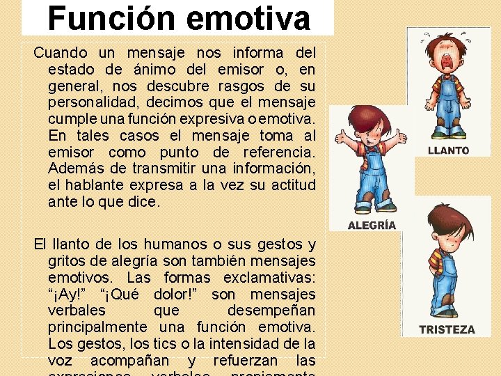 Función emotiva Cuando un mensaje nos informa del estado de ánimo del emisor o,