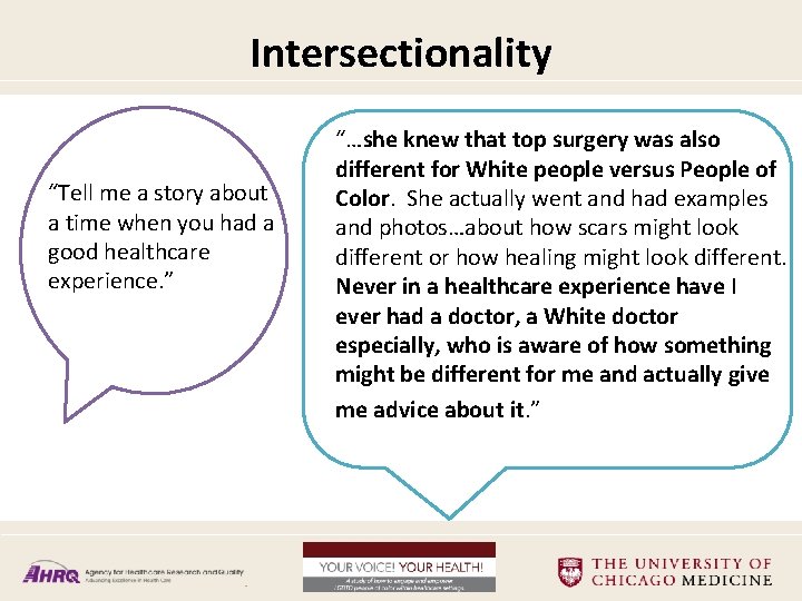 Intersectionality “Tell me a story about a time when you had a good healthcare
