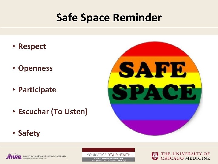 Safe Space Reminder • Respect • Openness • Participate • Escuchar (To Listen) •