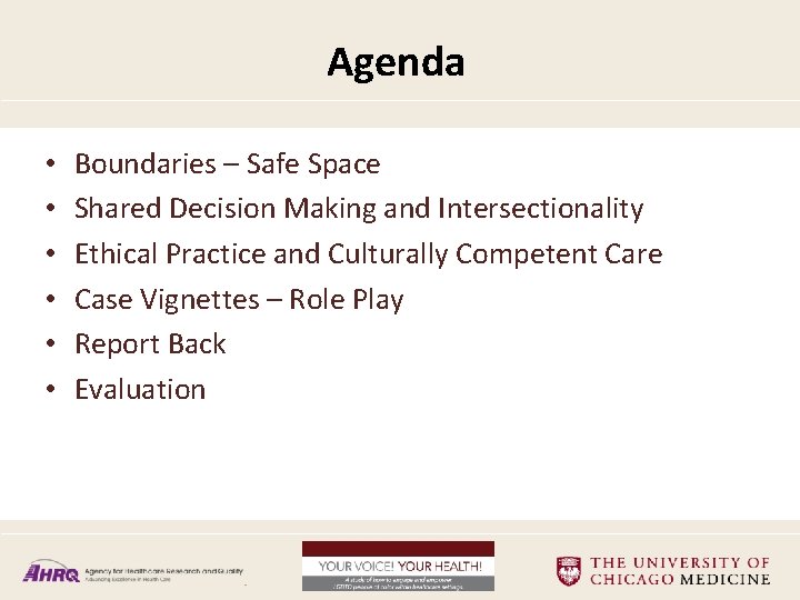 Agenda • • • Boundaries – Safe Space Shared Decision Making and Intersectionality Ethical