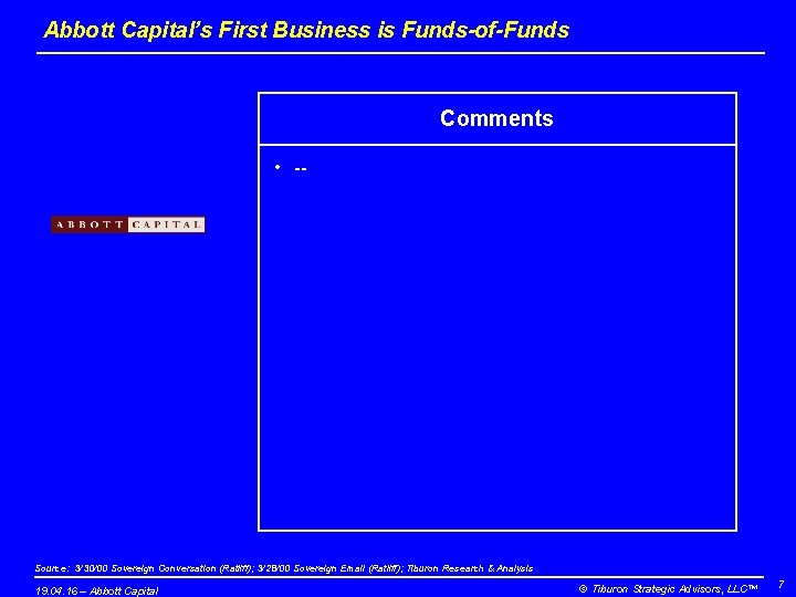 Abbott Capital’s First Business is Funds-of-Funds Comments • -- Source: 3/30/00 Sovereign Conversation (Ratliff);