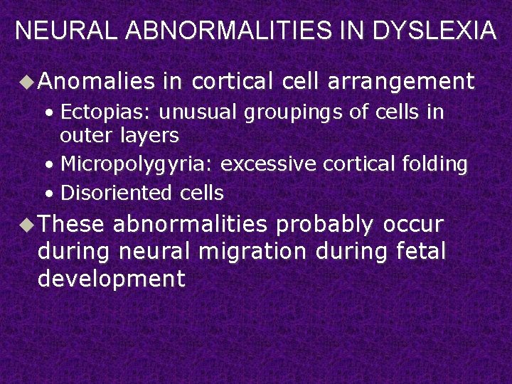 NEURAL ABNORMALITIES IN DYSLEXIA u Anomalies in cortical cell arrangement • Ectopias: unusual groupings