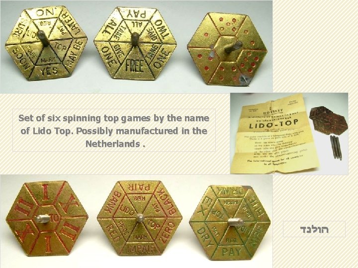 Set of six spinning top games by the name of Lido Top. Possibly manufactured