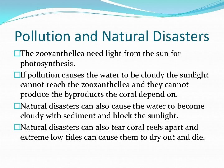 Pollution and Natural Disasters �The zooxanthellea need light from the sun for photosynthesis. �If