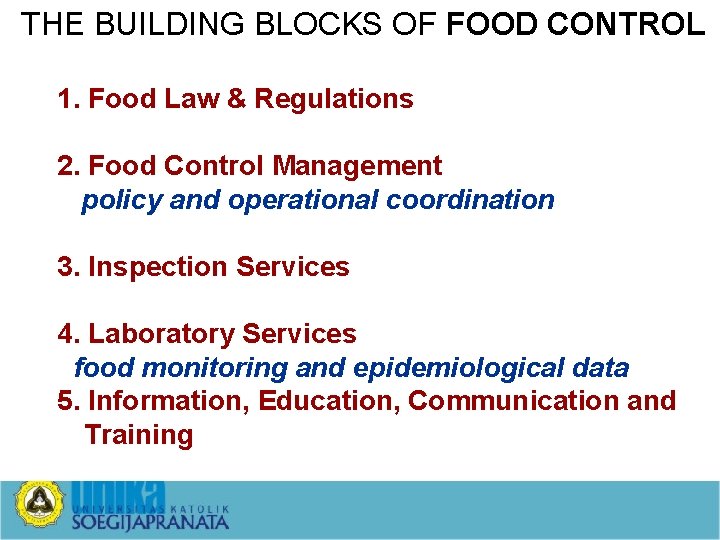 THE BUILDING BLOCKS OF FOOD CONTROL 1. Food Law & Regulations 2. Food Control