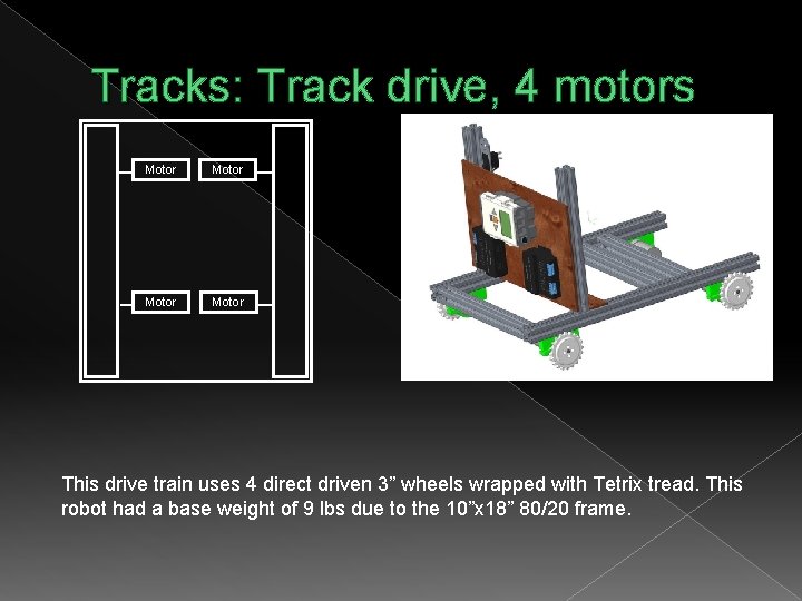 Tracks: Track drive, 4 motors Motor This drive train uses 4 direct driven 3”