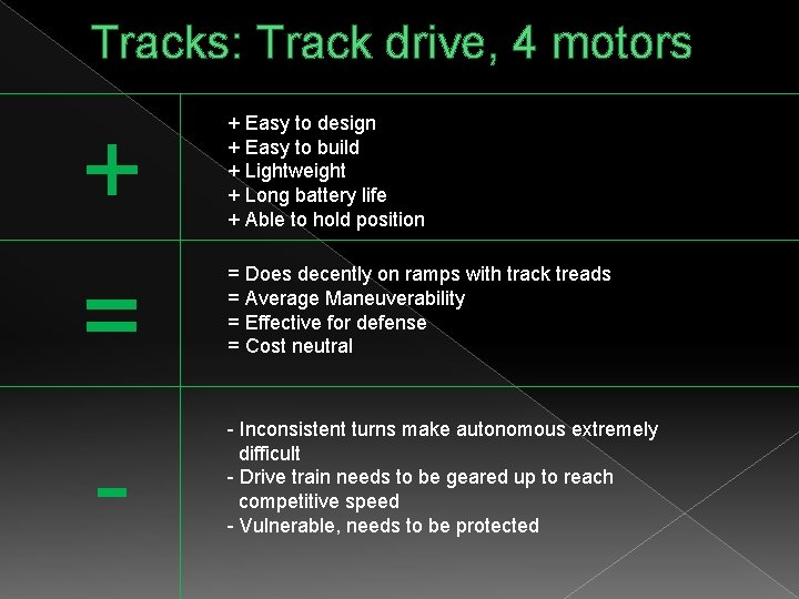 Tracks: Track drive, 4 motors + = - + Easy to design + Easy