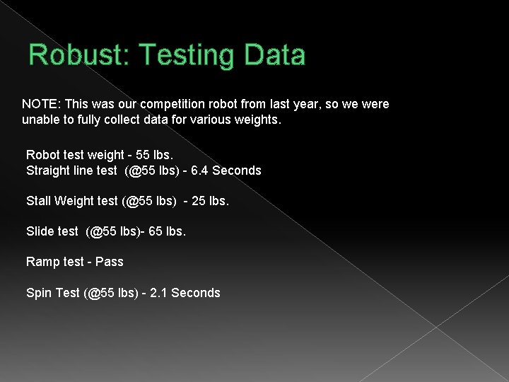 Robust: Testing Data NOTE: This was our competition robot from last year, so we