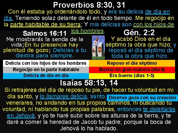 Proverbios 8: 30, 31 Con él estaba yo ordenándolo todo, y era su delicia