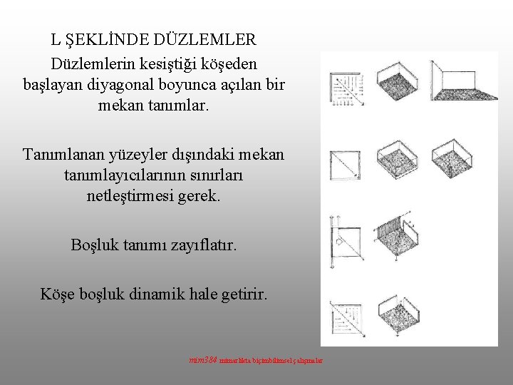 L ŞEKLİNDE DÜZLEMLER Düzlemlerin kesiştiği köşeden başlayan diyagonal boyunca açılan bir mekan tanımlar. Tanımlanan