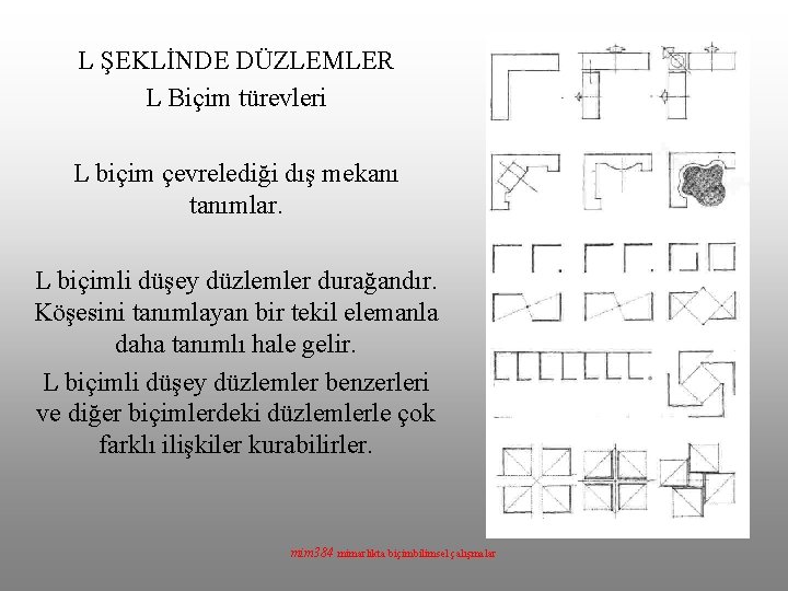 L ŞEKLİNDE DÜZLEMLER L Biçim türevleri L biçim çevrelediği dış mekanı tanımlar. L biçimli