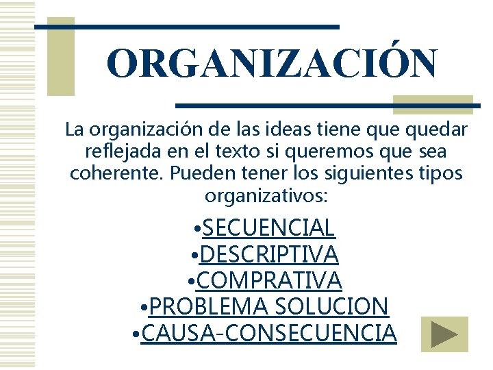 ORGANIZACIÓN La organización de las ideas tiene quedar reflejada en el texto si queremos