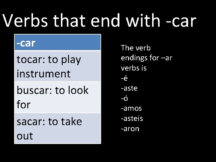 Verbs that end with -car tocar: to play instrument buscar: to look for sacar: