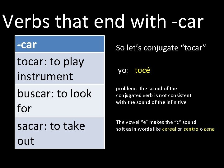 Verbs that end with -car tocar: to play instrument buscar: to look for sacar: