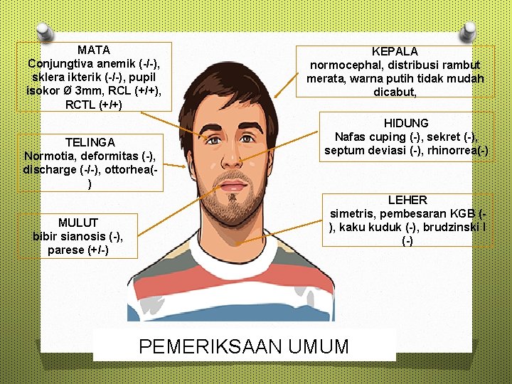 MATA Conjungtiva anemik (-/-), sklera ikterik (-/-), pupil isokor Ø 3 mm, RCL (+/+),